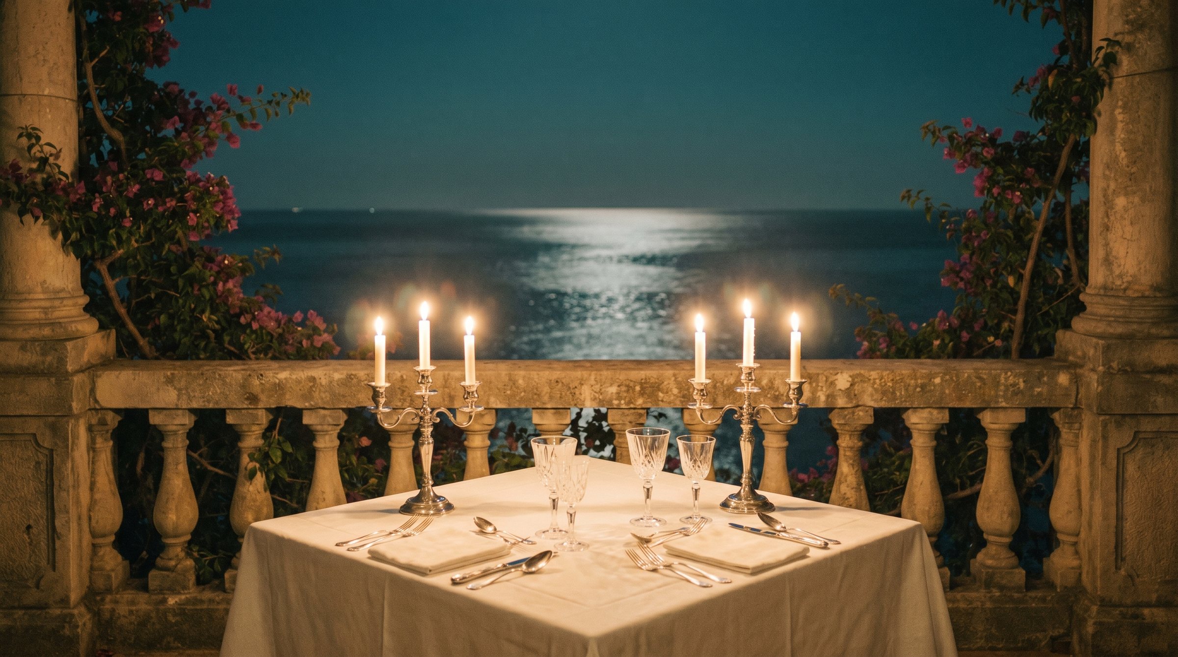 A dinner table set on a terrace above the sea at dusk