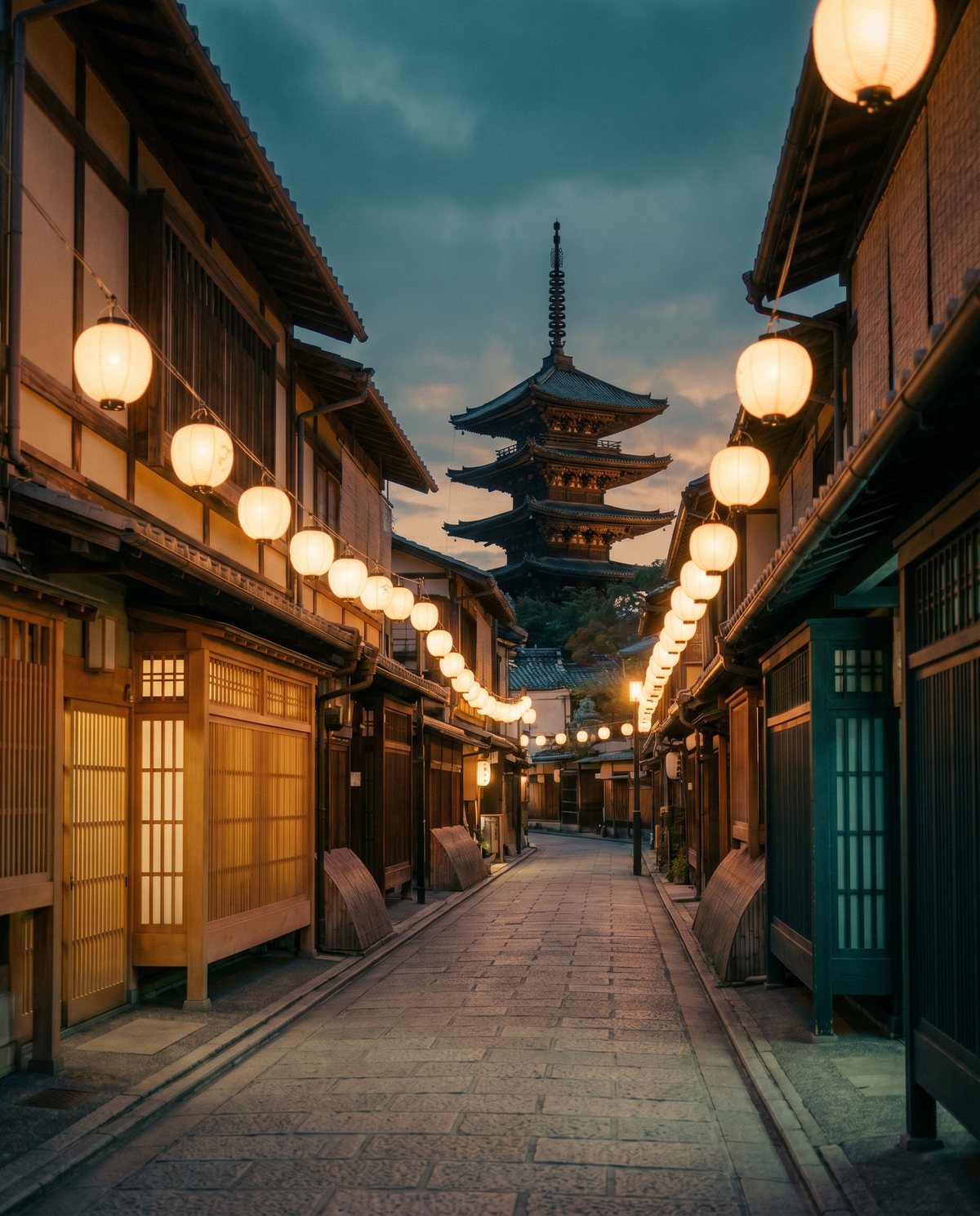 A lantern-lit lane and pagoda in Kyoto at dusk