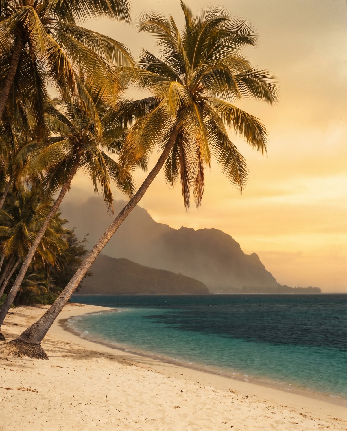 Palms leaning over a secluded Maui cove at dusk